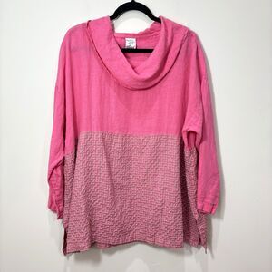 VTG MATCH POINT Pink Linen Cowl Neck Top L Plaid Artsy Lagenlook Coastal USA